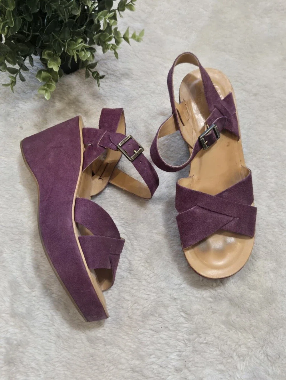 Kork-Ease Purple Leather Platform Chinky Wedge Eclectic Funky Retro Sandals, 9